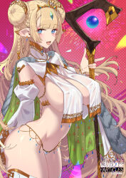 Rule 34 | 1girl, ass, blonde hair, blue eyes, blush, breasts, detached sleeves, elf, feet out of frame, gold, hair bun, huge breasts, long hair, looking at viewer, open mouth, original, pointy ears, red background, smile, stab, tajima ryuushi, underboob