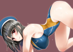 Rule 34 | 1girl, absurdres, adapted costume, all fours, bare arms, bare legs, bare shoulders, beret, black hair, blue hat, blush, breasts, commentary request, competition swimsuit, dutch angle, hat, highres, kantai collection, large breasts, looking at viewer, minase (takaoka nanase), one-piece swimsuit, open mouth, red eyes, short hair, simple background, solo, swimsuit, takao (kancolle)