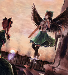 Rule 34 | 2girls, animal ears, arm cannon, asymmetrical footwear, bird wings, black wings, blouse, bow, braid, cape, cat ears, cat tail, chest jewel, feathered wings, flame-tipped tail, green bow, green skirt, hair bow, highres, kaenbyou rin, long hair, mismatched footwear, multiple girls, multiple tails, niradama (nira2ratama), red eyes, red hair, reiuji utsuho, ruins, shirt, short sleeves, skirt, smoke, tail, thighhighs, touhou, twin braids, two tails, weapon, white cape, wings