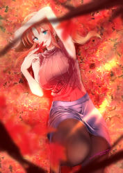 Rule 34 | 1girl, absurdres, akane (getwild23), armpits, autumn, autumn leaves, blue eyes, blurry, blurry foreground, breasts, highres, holding, holding leaf, large breasts, leaf, lipstick, long hair, looking at viewer, lying, makeup, maple leaf, nail polish, on back, original, pantyhose, red hair, red theme, sleeveless, solo, twintails
