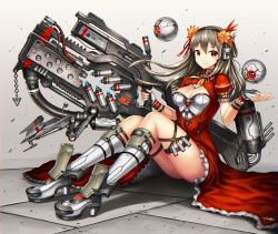 Rule 34 | 1girl, artist name, blush, breasts, brown hair, buttons, cleavage, cleavage cutout, closed mouth, clothing cutout, floating, floating object, flower, full body, gia, gloves, grey footwear, grey gloves, gun, hair flower, hair ornament, hairband, half gloves, headphones, high heels, holding, holding gun, holding weapon, honeycomb (pattern), honeycomb print, knees up, long hair, looking at viewer, medium breasts, on floor, original, puffy short sleeves, puffy sleeves, red eyes, shin guards, shiny skin, shoes, short sleeves, signature, smile, solo, tareme, thigh strap, trigger discipline, weapon, wing collar, wrist cuffs, wristband
