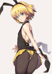Rule 34 | 1boy, androgynous, animal ears, armin arlert, ass, blonde hair, crossdressing, earrings, fake animal ears, from behind, hairband, jewelry, leotard, looking back, male focus, male playboy bunny, nagase haruhito, pantyhose, playboy bunny, rabbit ears, rabbit tail, shingeki no kyojin, short hair, simple background, skirt, solo, tail, tailcoat, trap, usamin, wrist cuffs