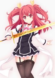 Rule 34 | &gt;:), 1girl, black skirt, black thighhighs, blush, breasts, choker, chrisandita, closed mouth, collar, collared shirt, crop top, crop top overhang, cropped legs, eyebrows, eyelashes, garter straps, hair between eyes, hair ornament, hair ribbon, highres, holding, holding sword, holding weapon, juliet sleeves, long hair, long sleeves, looking at viewer, medium breasts, midriff, miniskirt, pink ribbon, pleated skirt, puffy short sleeves, puffy sleeves, rakudai kishi no cavalry, red eyes, red hair, ribbon, school uniform, shirt, short sleeves, simple background, skirt, smile, solo, standing, stella vermillion, sword, thighhighs, twintails, two side up, underwear, v-shaped eyebrows, vest, weapon, white background, white shirt, yellow ribbon