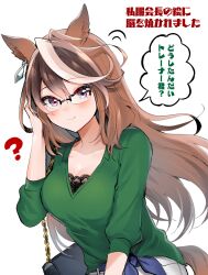 Rule 34 | 1girl, absurdres, animal ears, bag, bespectacled, breasts, brown hair, cleavage, commentary request, glasses, green shirt, handbag, highres, horse ears, horse girl, horse tail, long hair, medium breasts, multicolored hair, narusawa (njzc2582), purple eyes, shirt, simple background, smile, solo, symboli rudolf (umamusume), tail, translation request, umamusume, white background, white hair