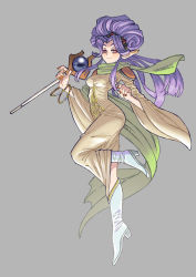 Rule 34 | 1girl, absurdres, boots, breasts, closed mouth, dress, fingernails, full body, green scarf, grey background, hair bun, highres, holding, holding wand, impossible hair, leg lift, long hair, looking at viewer, medium breasts, nail polish, pointy ears, purple hair, red eyes, red nails, scarf, sega, shining (series), shining force ii, shoulder pads, simple background, smile, solo, sukerock, thick eyebrows, tiara, twiggy (shining force), wand, white dress, white footwear