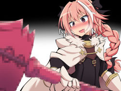 Rule 34 | 1boy, androgynous, astolfo (fate), black bow, bow, braid, cape, censored, commentary request, fang, fate/grand order, fate (series), gae bolg (fate), hair intakes, hair ribbon, highres, male focus, meme, mosaic censoring, mujun-gatamari (meme), multicolored hair, neta, open mouth, pink hair, pointless censoring, polearm, purple eyes, ribbon, single braid, smile, solo, streaked hair, tagfly27qt, translated, trap, weapon, white hair