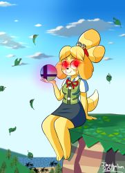 Rule 34 | + +, 1girl, animal crossing, animal ears, animal hands, artist name, barefoot, bell, black eyes, blonde hair, blue skirt, blue sky, blush stickers, breasts, closed mouth, cloud, dated, day, dog ears, dog girl, dog tail, female focus, full body, furry, furry female, glowing, glowing eyes, grass, green vest, hair bell, hair ornament, hair tie, hand up, happy, highres, holding, ikaribunbun, isabelle (animal crossing), jingle bell, leaf, legs together, looking to the side, medium breasts, miniskirt, neck ribbon, nintendo, outdoors, pencil skirt, plaid, plaid vest, red ribbon, ribbon, shirt, short hair, short sleeves, signature, sitting, skirt, sky, smash ball, smile, solo, super smash bros., tail, topknot, tree, vest, water, white shirt