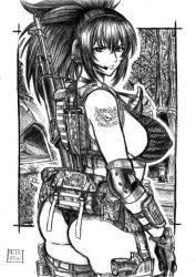 Rule 34 | 1girl, ak-74m, ass, assault rifle, breasts, elbow pads, gloves, greyscale, gun, headphones, holster, holstered, kalashnikov rifle, large breasts, leona heidern, microphone, monochrome, ponytail, pouch, radio, rifle, sideboob, skidrow, skull tattoo, soldier, solo, speaker, tattoo, the king of fighters, traditional media, walkie-talkie, weapon