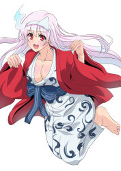 Rule 34 | 10s, 1girl, :d, barefoot, blush, breasts, cleavage, collarbone, japanese clothes, kimono, large breasts, long hair, long sleeves, looking at viewer, namakemono (u446644k), open mouth, pink hair, red eyes, sash, simple background, smile, solo, triangular headpiece, white background, wide sleeves, yunohana yuuna, yuragisou no yuuna-san