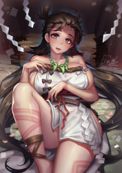 Rule 34 | 1girl, bare shoulders, blush, body markings, breasts, brown eyes, brown hair, dress, facial mark, fate/grand order, fate (series), forehead, forehead mark, himiko (fate), himiko (first ascension) (fate), jewelry, knee up, large breasts, long hair, looking at viewer, lying, magatama, magatama necklace, necklace, no bra, no panties, on back, open mouth, parted lips, qblade, sash, side slit, sideboob, smile, thighs, topknot, twintails, white dress