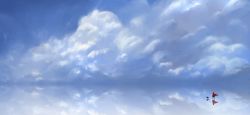 Rule 34 | 1other, animal, blue sky, cloak, cloud, cloudy sky, dog, futoshi (tekidai), hood, hood up, landscape, little red riding hood, red cloak, reflection, reflective floor, scenery, sky, standing