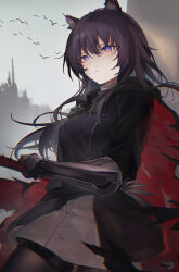 Rule 34 | 1girl, absurdres, animal, animal ear fluff, animal ears, arknights, bird, black cloak, black hair, black shirt, blue eyes, blush, breasts, brown pantyhose, cloak, closed mouth, commentary request, day, gauntlets, grey skirt, hair between eyes, highres, holding, holding weapon, looking at viewer, medium breasts, outdoors, pantyhose, puffy short sleeves, puffy sleeves, red eyes, shirt, short sleeves, skirt, solo, texas (arknights), torn cloak, torn clothes, weapon, yunnasu