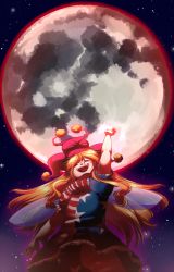 Rule 34 | 1girl, american flag dress, american flag legwear, arm up, bare arms, blonde hair, clownpiece, commentary, doshmobile, fairy wings, full body, hat, jester cap, long hair, neck ruff, night, night sky, open mouth, outdoors, pantyhose, pink hat, short sleeves, sky, smile, solo, star (sky), star (symbol), star print, starry sky, striped, touhou, very long hair, wings