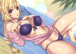Rule 34 | 1girl, alternate costume, beach towel, bikini, blonde hair, blue eyes, braid, breasts, cameltoe, cleavage, collarbone, commentary, covered erect nipples, fate/grand order, fate (series), giovanni zaccaria, halterneck, hands on own chest, jeanne d&#039;arc (fate), jeanne d&#039;arc (ruler) (fate), jeanne d&#039;arc (white cruising) (fate), large breasts, leg up, lens flare, long braid, long hair, looking at viewer, low-tied long hair, lying, on back, parted lips, pink sweater, purple bikini, sand, single braid, solo, sweater, swimsuit, towel, unzipped