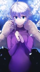 Rule 34 | 1girl, anastasia (idolmaster), ashita (2010), bad id, bad twitter id, blue eyes, blurry, blurry background, branch, coat, commentary request, earrings, eyelashes, flower, fur coat, idolmaster, idolmaster cinderella girls, jewelry, petals, purple sweater, short hair, silver hair, smile, solo, sparkle, sweater, white coat