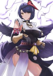 Rule 34 | 1girl, absurdres, aooni, arm guards, armpits, bare shoulders, black gloves, black wings, blue hair, breast curtain, breasts, clenched hands, collared shirt, dark blue hair, detached sleeves, elbow gloves, electricity, expressionless, eyelashes, female focus, genshin impact, ghost pose, gloves, hands up, highres, japanese clothes, jewelry, kujou sara, legs, looking at viewer, mask, mask on head, medium breasts, medium hair, mihoyo, multiple wings, neck, necklace, obi, sash, shirt, shorts, shorts under skirt, sidelocks, simple background, sleeveless, sleeveless shirt, standing, swept bangs, tassel, tengu, tengu mask, thighs, tomoe (symbol), vision (genshin impact), white background, wide sleeves, wings, yellow eyes