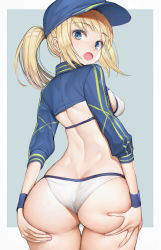 Rule 34 | 1girl, absurdres, artoria pendragon (fate), ass, baseball cap, bikini, blonde hair, blue eyes, blue jacket, blush, breasts, butt crack, commentary request, fate/grand order, fate (series), from behind, hands on own ass, hat, highres, jacket, looking at viewer, looking back, medium breasts, mysterious heroine x (fate), mysterious heroine xx (fate), nyatabe, open mouth, ponytail, solo, swimsuit, thigh gap, white bikini, wrist cuffs