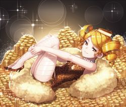 Rule 34 | 1girl, animal print, armpits, bare shoulders, blonde hair, breasts, brown dress, cake, cheesecake cookie, coin, cookie run, dress, drill hair, feather boa, fishnet pantyhose, fishnets, food, food on head, from side, full body, glint, hat, high heels, hugging own legs, jewelry, k (shinya90), knees up, lens flare, leopard print, lying, mole, mole under eye, necklace, object on head, on back, outstretched arms, pantyhose, parted bangs, pearl necklace, shoes, short dress, short hair, sleeveless, sleeveless dress, small breasts, solo, sparkle, swept bangs, twin drills, yellow eyes