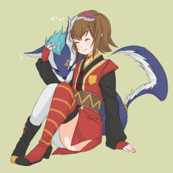 Rule 34 | 00s, 1girl, asymmetrical clothes, asymmetrical footwear, bad id, bad pixiv id, brown hair, choker, dog, gloves, goggles, goggles on head, mismatched footwear, pantyhose, repede (tales), rita mordio, scar, short hair, single leg pantyhose, smile, tales of (series), tales of vesperia, thighhighs, yasuu!, yellow background