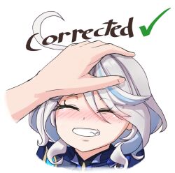 Rule 34 | 1girl, ^ ^, ahoge, blue hair, blush, checkmark, closed eyes, commentary, english commentary, furina (genshin impact), genshin impact, grey hair, grin, happy tears, headpat, luizhtx, multicolored hair, no headwear, nose blush, smile, solo focus, streaked hair, tears, transparent background