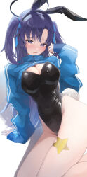 Rule 34 | 1girl, absurdres, animal ears, black leotard, blue archive, blue jacket, blush, breasts, clothes lift, commentary, covered navel, hair ribbon, highres, jacket, jacket lift, large breasts, leotard, parted bangs, playboy bunny, purple eyes, purple hair, rabbit ears, rabbit tail, ribbon, sidelocks, solo, star ornament, star sticker, strapless, strapless leotard, suna6080, tail, track jacket, two side up, yuuka (blue archive), yuuka (track) (blue archive)