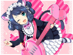 Rule 34 | 10s, 1girl, ;d, animal ears, bell, blue hair, bow, bowtie, cat ears, cat tail, curly hair, cyan (show by rock!!), fang, green eyes, guitar, headdress, heart, heart guitar, instrument, looking at viewer, one eye closed, open mouth, plectrum, short hair, show by rock!!, smile, solo, strawberry heart (show by rock!!), striped clothes, striped legwear, striped thighhighs, tail, thighhighs, wara (warapro)