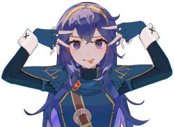 Rule 34 | 1girl, ahoge, belt, black shirt, blue eyes, blue hair, blue shirt, cape, commentary, commission, crossed bangs, dot nose, double-parted bangs, double v, english commentary, fire emblem, fire emblem awakening, highres, hoshino ai&#039;s pose, long hair, looking at viewer, lucina (fire emblem), mariirasuto7, nintendo, ribbed shirt, shirt, simple background, solo, tiara, tongue, tongue out, v, white background