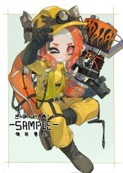 Rule 34 | 1girl, arm up, belt, belt buckle, black belt, black footwear, black gloves, blaster (splatoon), blush, boots, border, buckle, closed mouth, commentary request, eyebrow cut, fang, fang out, full body, gloves, green background, gun, hard hat, hat, headlamp, headphones, headset, helmet, high-visibility vest, highres, holding, holding gun, holding weapon, innertube, jumpsuit, long sleeves, looking at viewer, medium hair, nintendo, octoling, octoling girl, octoling player character, one eye closed, orange hair, outside border, p-pepper, parted bangs, red eyes, rope, rubber boots, rubber gloves, salmon run (splatoon), sample watermark, sidelocks, simple background, smile, solo, splatoon (series), suction cups, swim ring, tentacle hair, v-shaped eyebrows, vest, watermark, weapon, white border, yellow hat, yellow jumpsuit, yellow vest