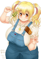 Rule 34 | 1girl, :i, blonde hair, blush, breasts, covered erect nipples, dated, eating, female focus, food, food on face, hair between eyes, huge breasts, large breasts, long hair, looking at viewer, nitroplus, orange eyes, overalls, plump, scrunchie, simple background, skewer, smile, solo, standing, super pochaco, tsuji santa, twintails, white background, wide hips