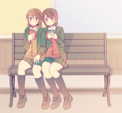 Rule 34 | 2girls, bench, black socks, blurry, blurry background, blush, brown hair, cardigan, cellphone, commentary request, hachiko (hati12), hair between eyes, hand on own thigh, kneehighs, long hair, looking at phone, multiple girls, original, parted lips, phone, red sweater, ribbon, school uniform, shoes, short hair, sitting, skirt, smartphone, socks, sweater, yellow sweater