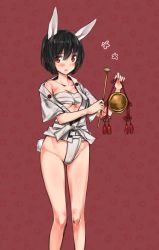 Rule 34 | 10s, 1girl, animal ears, aohashi ame, black hair, brave witches, breasts, collarbone, commentary, festival, floral background, fundoshi, gong, groin, highres, holding, japanese clothes, looking at viewer, medium breasts, no pants, off shoulder, open clothes, open mouth, open shirt, purple background, rabbit ears, rabbit girl, rabbit tail, red eyes, sarashi, shimohara sadako, shirt, short hair, short sleeves, smile, solo, standing, tail, white shirt, world witches series