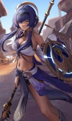 Rule 34 | 1girl, bare legs, black hairband, blue eyes, blue hair, blue skirt, blue sky, breasts, candace (genshin impact), cleavage, commentary, crop top, dark skin, day, feet out of frame, genshin impact, hairband, heterochromia, holding, holding weapon, jewelry, large breasts, long hair, looking at viewer, low twintails, midriff, navel, neck ring, polearm, roki (shouka65), shield, skirt, sky, solo, standing, stomach, thighs, twintails, weapon, yellow eyes