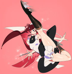 Rule 34 | 1girl, bare shoulders, black footwear, blue eyes, breasts, glint, hair over one eye, hair ribbon, highres, knife, leg up, long hair, medium breasts, motion lines, mouth hold, original, pink background, red hair, red ribbon, ribbon, signature, simple background, sleeveless, solo, sparkle, umishima senbon