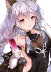 Rule 34 | 1girl, absurdres, alcohol, bare shoulders, black gloves, blush, braid, breasts, brown eyes, cup, dress, earrings, elbow gloves, gloves, granblue fantasy, grey hair, hand up, heles, heles (irestill evening dress) (granblue fantasy), highres, jewelry, long hair, looking at viewer, medium breasts, parted lips, scan, shiny skin, simple background, single braid, sleeveless, smile, solo, topia, upper body, white gloves, wine