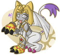 Rule 34 | 1girl, armor, digimon, gloves, highres, mask, nefertimon, solo, sphinx, tongue, tongue out, wings