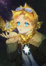Rule 34 | 1boy, blonde hair, blowing, blue eyes, bright pupils, codon negi, fate/grand order, fate (series), glowing, goggles, goggles on head, looking to the side, male focus, open mouth, parted bangs, scarf, sky, solo, space, star (sky), star (symbol), starry background, starry sky, upper body, voyager (fate), voyager (third ascension) (fate), yellow scarf