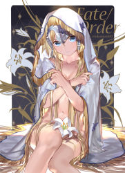Rule 34 | 1girl, banner, blonde hair, blue eyes, blush, breasts, cleavage, commentary request, copyright name, emmmerald, fate/grand order, fate (series), flower, headpiece, jeanne d&#039;arc (fate), jeanne d&#039;arc (ruler) (fate), lily (flower), long hair, looking at viewer, navel, nude, parted lips, revision, sitting, solo, very long hair