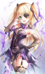 1girl, :d, absurdres, asymmetrical gloves, black bow, blonde hair, blush, bow, breasts, bridal gauntlets, cleavage, cowboy shot, danyo (chung0226), detached collar, detached sleeves, eyepatch, fang, fischl (genshin impact), floating hair, garter straps, genshin impact, gloves, green eyes, grey gloves, grey legwear, grey sleeves, hair bow, hand on hip, highres, long hair, long sleeves, open mouth, purple neckwear, single glove, single leg pantyhose, single thighhigh, small breasts, smile, solo, standing, thighhighs, twintails, very long hair
