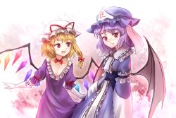 Rule 34 | 2girls, arm garter, asymmetrical hair, bat wings, blonde hair, blue dress, blue headwear, blue ribbon, blush, bow, bowtie, breasts, center frills, choker, closed mouth, cosplay, demon wings, dress, elbow gloves, expressionless, fang, fang out, flandre scarlet, frilled dress, frilled shirt collar, frilled sleeves, frills, gloves, hair bow, hat, hat ribbon, look-alike, looking away, looking down, looking to the side, low neckline, minust, mob cap, multiple girls, open mouth, oversized clothes, puffy short sleeves, puffy sleeves, purple dress, purple hair, red bow, red bowtie, red eyes, red ribbon, remilia scarlet, ribbon, ribbon-trimmed clothes, ribbon choker, ribbon trim, saigyouji yuyuko, saigyouji yuyuko (cosplay), sash, short hair, short sleeves, side ponytail, skirt hold, slit pupils, small breasts, tooth, touhou, triangular headpiece, white gloves, wings, yakumo yukari, yakumo yukari (cosplay)