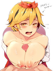 Rule 34 | 1boy, 1girl, bare shoulders, blonde hair, breasts, collarbone, commentary request, fang, hair between eyes, hekiga (freelot), hetero, highres, large breasts, nipples, open mouth, paizuri, penis, short hair, simple background, solo focus, sweat, teeth, toramaru shou, touhou, translation request, uncensored, upper body, white background, yellow eyes