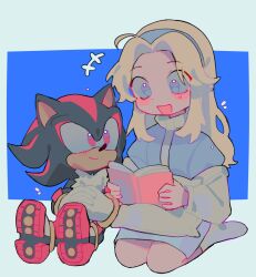 Rule 34 | 1boy, 1girl, animal nose, blonde hair, blue background, blue dress, blue eyes, blue hairband, blush, book, closed mouth, commentary, dress, english commentary, full body, furry, furry male, hairband, highres, holding, holding book, kneeling, littlebunniboo, long hair, long sleeves, looking at another, maria robotnik, open mouth, own hands clasped, own hands together, reading, red eyes, shadow the hedgehog, shoe soles, simple background, sitting, smile, socks, sonic (series), white socks