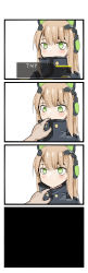 Rule 34 | 4koma, animal ears, brown hair, cat ears, comic, earphones, girls&#039; frontline, green eyes, highres, long coat, long hair, looking at viewer, solo, tmp (girls&#039; frontline), what