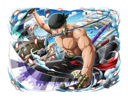 Rule 34 | 1boy, bandana, dual wielding, holding, holding sword, holding weapon, katana, male focus, ocean, one eye closed, one piece, one piece treasure cruise, red sash, roronoa zoro, sash, scar, scar across eye, scar on face, short hair, sword, topless male, water, weapon, weapon in mouth