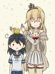 Rule 34 | 10s, 2girls, :&gt;, ahoge, black hair, blonde hair, blush, blush stickers, bow, breasts, cleavage, closed eyes, confetti, corset, crown, dress, hair between eyes, hairband, hands up, hat, jewelry, kantai collection, large breasts, long sleeves, mini crown, mini hat, multiple girls, necklace, off shoulder, pleated skirt, saiguchi otoufu, school uniform, serafuku, short dress, short sleeves, sketch, skirt, smile, strapless, strapless dress, tan background, thighhighs, ushio (kancolle), warspite (kancolle), zettai ryouiki