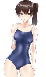 Rule 34 | 10s, 1girl, arm behind back, blush, breasts, brown eyes, brown hair, collarbone, competition school swimsuit, contrapposto, covered navel, cowboy shot, hair between eyes, highres, kaga (kancolle), kantai collection, long hair, looking at viewer, medium breasts, one-piece swimsuit, parted lips, school swimsuit, shunichi, side ponytail, simple background, solo, standing, swimsuit, thighs, white background