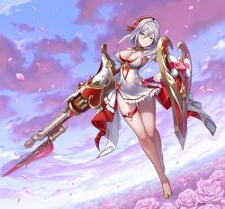 Rule 34 | 1girl, alternate costume, aqua eyes, breasts, cleavage, covered navel, flower, gold footwear, gunlance, heart, jewelry, knees, looking at viewer, necklace, official art, outdoors, petals, shield, sky, solo, valkyrie connect, viola (valkyrie connect), white hair