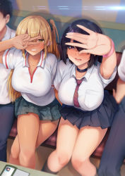 Rule 34 | 2boys, 2girls, arm up, black hair, blush, bra visible through clothes, breasts, cleavage, collar, commentary request, couch, hair between eyes, highres, id card, large breasts, crossed legs, long hair, looking at viewer, miniskirt, multiple boys, multiple girls, necktie, open mouth, original, parted lips, purple eyes, ryouma (galley), school uniform, short hair, short sleeves, sitting, skirt, smile, table, teeth, tongue, v, yellow eyes
