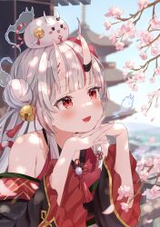Rule 34 | 1girl, absurdres, bare shoulders, bell, blush, cherry blossoms, fang, fingernails, hair bell, hair ornament, highres, hololive, horns, japanese clothes, karma (nakiri ayame), kimono, looking at viewer, mask, mask on head, mei am0, multicolored hair, nakiri ayame, nakiri ayame (1st costume), oni, open mouth, poyoyo (nakiri ayame), red eyes, shiranui (nakiri ayame), skin-covered horns, solo, streaked hair, virtual youtuber, white hair