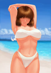 Rule 34 | 1girl, arms behind head, arms up, artist request, beach, bikini, breasts, brown hair, character request, cleavage, closed eyes, cloud, collarbone, copyright request, female focus, highres, large breasts, navel, ocean, sand, short hair, sky, smile, solo, standing, swimsuit, water, white bikini
