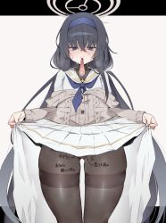 Rule 34 | 1girl, black hair, black pantyhose, blue archive, blue eyes, blue hairband, blue neckerchief, body writing, breasts, cardigan, clothes lift, condom, furau, grey cardigan, hairband, halo, highres, lifted by self, long hair, long skirt, long sleeves, low twintails, mouth hold, neckerchief, pantyhose, pleated skirt, school uniform, serafuku, shirt, skirt, skirt lift, small breasts, solo, thick thighs, thighband pantyhose, thighs, twintails, ui (blue archive), used condom, very long hair, white serafuku, white shirt, white skirt